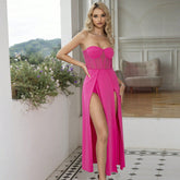 Robe bustier moulante à bretelles et corset à taille haute avec coutures en maille et haut tube fendu